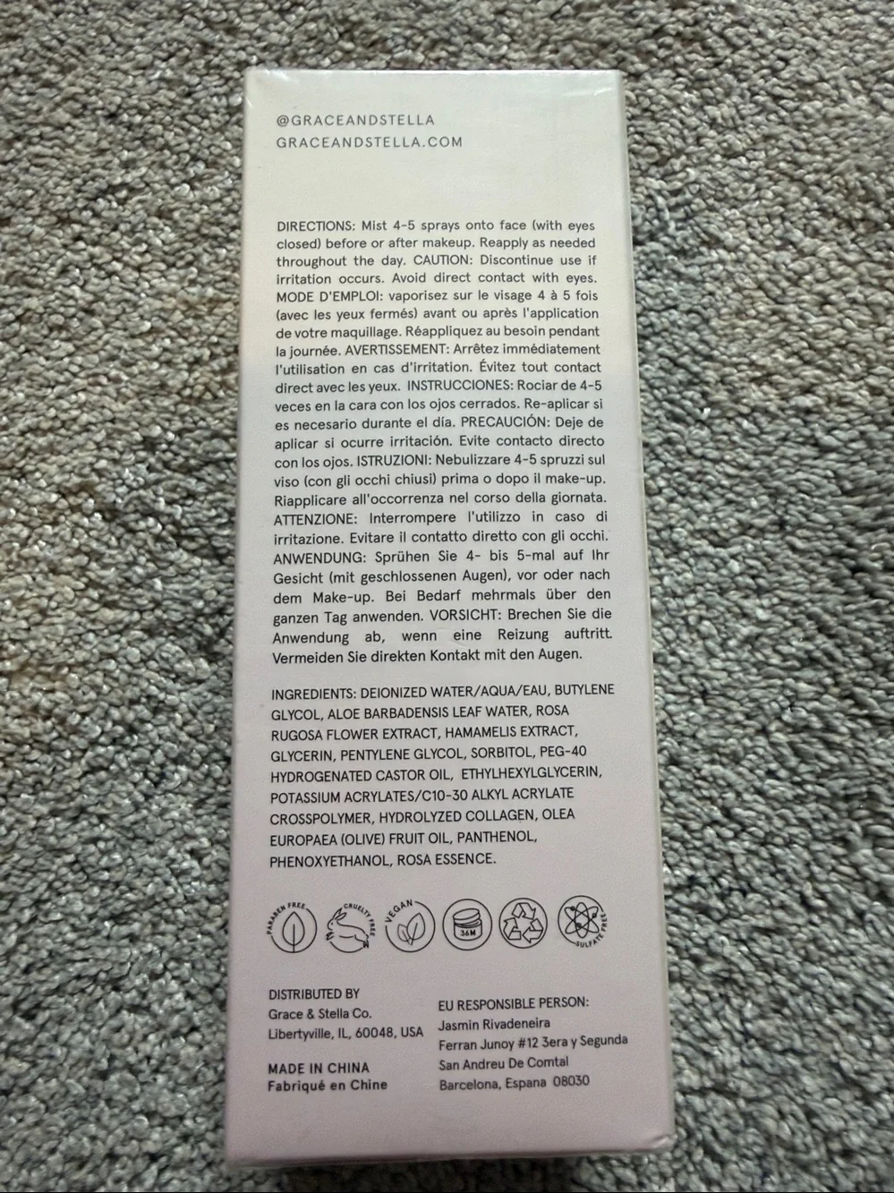 grace & stella Hydrating Rose Spray - Light Pink Packaging